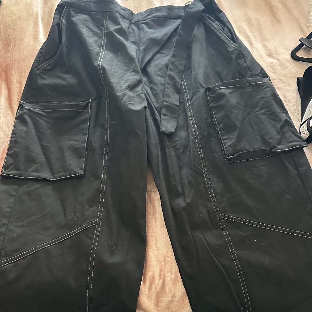 KarenBritChick x The Drop High Waist Black Belted Asymmetric Cargo Pants